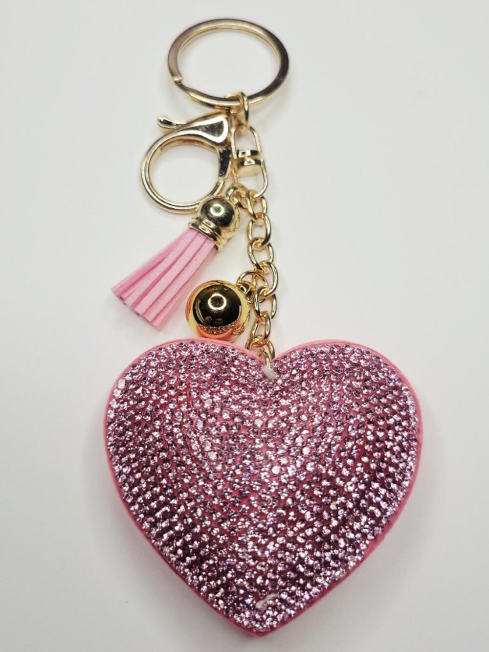 NWT Big Pink And Gold Puffy Heart Keychain With Tassel Purse Charm That Sparkles